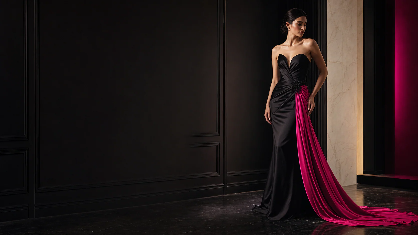 Editorial portrait of a woman wearing an original black and fuchsia couture evening gown